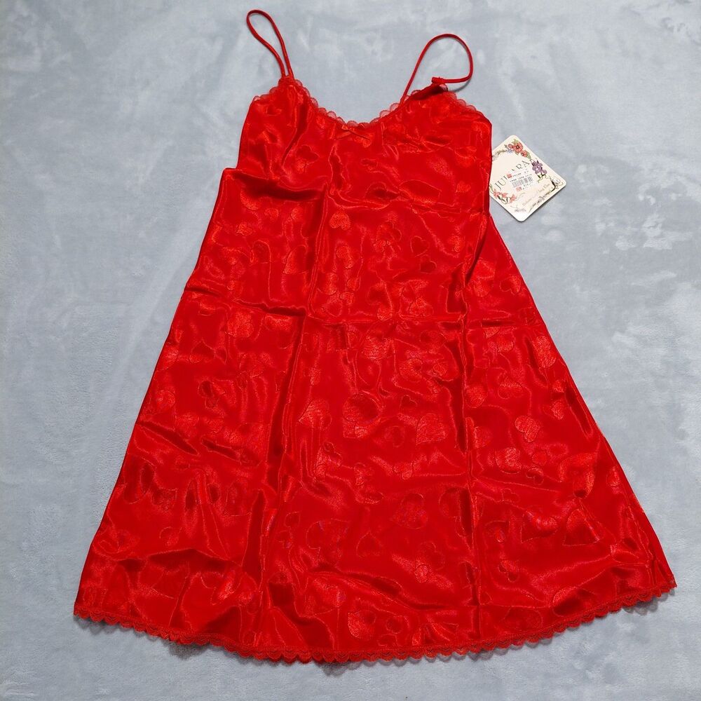 VTG NOS NWT 90s Sz S Juliara Red Satin Nightgown Slip Dress w/ Hearts Sexy Glam